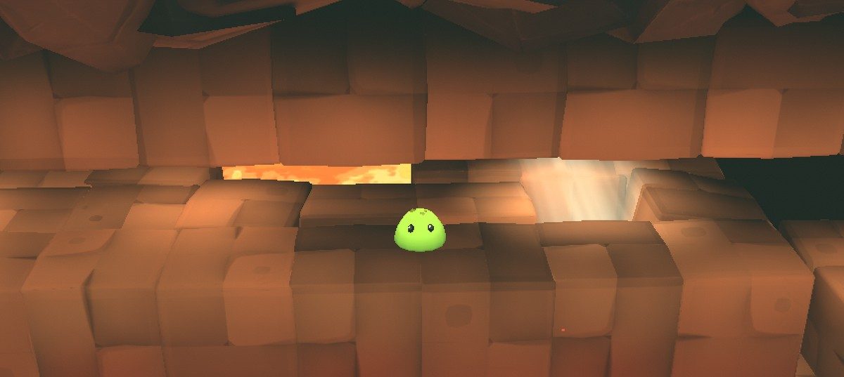 A hand-built canyon level in Kubo, stacked stone blocks lit from below by lava.